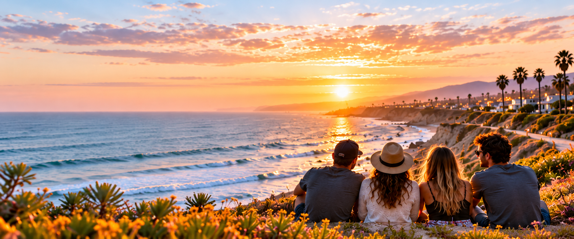 Four friends watching a Southern California coastal sunset